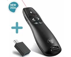 Draadloze Presenter - Presentatie klikker - Wireless Presenter - Powerpoint afstandsbediening - Laser Pointer - Inclusief USB-C Adapter & Opberghoes - Draadloos - USB - Zwart