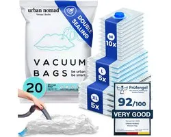Urban Nomad Vacuümzakken Vacuüm Sealer Zakjes Opbergzakken Set van 20 in 3 maten: Luchtdicht voor Kleding - Ruimtebesparend Herbruikbaar Ritssluiting 100% dicht & sterk | Kledingzakken Opbergzak S-XL