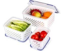 Fresh Produce Saver Storage Containers with Drain Baskets - Reusable Fridge-Freezer Plastic Food Organiser Bins - Store Vegetables & Fruit - Dishwasher-Microwave Safe
