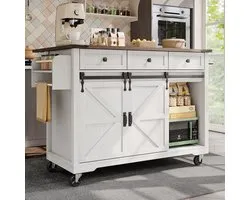 MODFU - Îlot de cuisine - Plan de travail extensible et portes coulissantes - Rétro - Pour cuisine - MDF - Beige - 140 x 45 x 94 cm