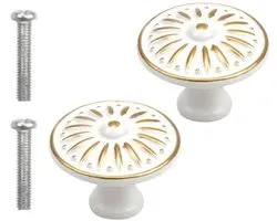 Furniture Knobs White with Gold 35MM - Set of 2 Vintage Knobs - Round Cabinet Knobs - Handles