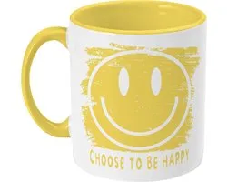 Grappige Mok Met Tekst - Postitieve Quote: Choose To Be Happy - Smiley - 350 ML - Wit Geel