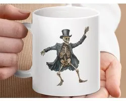 Mok, Dancing Skeleton Mug, Spooky Season Gift, Halloween Decor, Gothic Mug, Creepy Coffee Cup, Ghoulish Gifts, Top Hat Skeleton Mug, Novelty