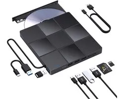 External CD-DVD Drive Brander USB 3.0 - LMEN Portable Externe CD DVD+RW Speler Writer - SD/TF Card Reader - External DVD ROM-Station Voor Mac OS - Laptop - PC Windows 11/10/8/7/XP/Vista/Linux - Zwart