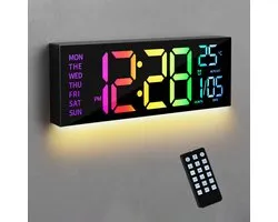 Horloge Numérique MrGoods - Horloge Murale - Écran LED - 7 Couleurs - Grande Horloge Numérique 16 Pouces avec Température - Date Changement d'Heure d'Été Automatique Veilleuse - Luminosité Automatique Variateur - Horloge Murale pour Salon Garage