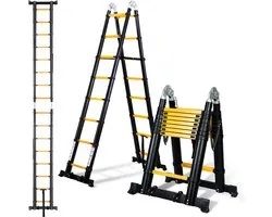Telescopische Ladder - Telescoopladder - 2,5m+2,5m zwart, Compact en Draagbaar met Soft Closing Systeem, Geschikt voor Particulier en Professioneel Gebruik, Telescopische Vouwladder, Max. Belasting 150 kg