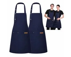 Keukenschort - Set van 2 Kookschorten voor Dames en Heren - Waterafstotend Schort met Zak en Verstelbare Nekband - Keuken, Bakken en Tuin - Blauw