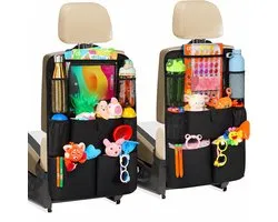 Autostoel Organizer - Auto-organizer voor Achterbank met Klaptafel en Tablethouder - Rugleuningbescherming en Achterbankbeschermer 42 × 61 cm - Met Opbergvakken en Flessenhouders - 2 Stuks - Zwart