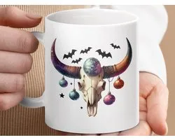 Mok Disco Bull Skull Mug, Bats, Ornaments, Unique Gothic Coffee Cup, Western Halloween, Trendy Drinkware, Halloween Gift Idea, Gifts