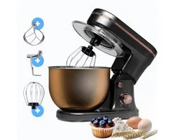 BluMill Robot pâtissier - Acier inoxydable - 6 vitesses - Robot de cuisine avec bol - 5 L - Accessoires inclus - 1200 W - Noir / Or rosé