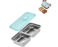 1 stuk - Lunchbox - Snackbox - Dubbel compartiment - Roestvrij staal - Herbruikbaar met deksel - Lunchbox met veiligheidsdeksel - Geschikt voor snacks, dips en ook ideaal voor op reis, afhaalmaaltijden en kamperen (20 × 10.5 × 4 cm)