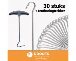 Stalen Haringen set van 30st. met Tentharing Trekker - Premium Gegalvaniseerd Staal - Grondanker - Tent Haring - Grondhaken - Tent spijker - 20cm lang - 3cm haak - 5mm premium dikte tentharing - Groots®