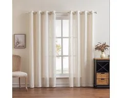 Floraweg Semi-transparante gordijnen van poly-linnen met textuur en kruisslobs, effen gordijnen met zeilringen voor openslaande deuren, beige,roedezakken,132x160cm