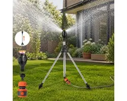Rosnek Roterende Tuinsproeier op Statief - 360 Graden Cirkelsproeier met Dubbelzijdige Dekking - Telescopische Driepoot Sproeier (53-89 cm) - RVS Gazonsproeier Inclusief Universele Snelkoppeling - Zwart - 1 Stuk
