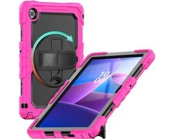 Hoes met ingebouwde Screenprotector Geschikt voor Lenovo Tab M10 Gen 4 (2025) | Inclusief 360° Draaibare Handriem en Schouderriem | Extreme bescherming | Ideaal voor zakelijk gebruik | Roze