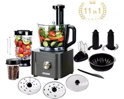 Robot culinaire - Robot culinaire tout en 1 - Robot culinaire multifonction - Hachoir à viande - Garde - Pétrin - Râpe - Presse-agrumes - Hachoir - Mixeur - 1100W - Gris foncé