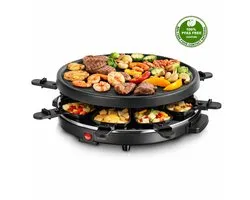 Blokker Raclettegrill - Gourmetset - 28cm diameter - 6 pannetjes - ILAG coating - Stalen grillplaat - 6 spatels - Antislip voetjes - 800W - RG-131523.1 Zwart
