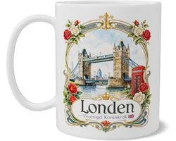 Mok Londen Verenigd Koninkrijk souvenir met Tower Bridge, rode telefooncel, rozen en Art Nouveau aquarel illustratie, Britse stadsmok voor koffie, thee, Londen fan, citytrip herinnering en reis cadeau