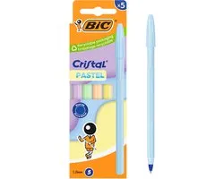 BIC Cristal Pastel Balpen - 5 Stuks - 5 Pastelkleuren - Navulbaar Blauwe Inkt - Medium Punt