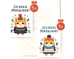 Carte de Noël chat - 10 cartes simples avec couvertures - Chat illustré avec texte 'Happy Meow Year'