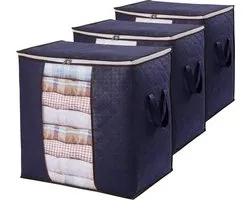 3 Pack 90 Liter Storage Bags, Foldable Moving Boxes with Reinforced Handle, Clothes Storage Box, Clothing Storage for Duvets, Clothes, Bedding, Wardrobe, Blue