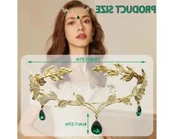 Crystal Elf Crown, Goddess Crown with Leaves, Elf Medieval Headdress, Green Elf Tiara, Crown for Women for Cosplay Fairy Costume Renaissance Wedding Party Birthday