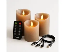 LED Kaarsen rechargeables FlinQ avec flamme mobile - Avec télécommande avec minuterie et fonction de gradation - Bougies avec flamme vacillante - Bougies chandelles rechargeables - 3 pièces - Taupe