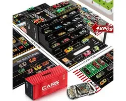 K&R Ventures® 48 delige Speelgoedauto Set – Mini Auto’s met Terugtrekfunctie – Inclusief Opbergcontainer – Educatief & Creatief Speelgoed voor Kinderen vanaf 3 Jaar – Jongens & Meisjes – Sinterklaas Cadeau
