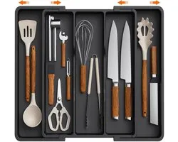 Organiseur de tiroir de cuisine, grand tiroir à couverts extensible, porte-couverts réglable, spatule de cuisine en plastique, séparateur de rangement pour outils et gadgets, noir