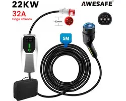 Câbles de Charge Portables Awesafe - Wallbox Mobile Chargeur EV 22kW 32A Type 2 avec Câble 5m - IP67 Résistant à la Pluie - 3 Phases - Borne Type 2 - 6A/8A/10A/13A/16A/20A/24A/32A Commutable - Met handtas