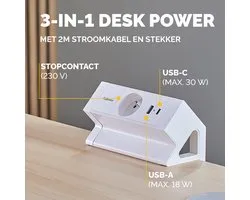 Fellowes contactdoos Power Desk Typ E | Stekkerdoos voor bureau | 1 stopcontact + 1 x USB-A + 1 x USB-C | wit | voor België