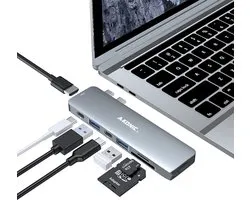 A-KONIC USB-C HUB - 7 in 1 - met / naar HDMI 4K, 2x USB 3.0, 2x USB C (thunderbolt 3, opladen & data Transfer), Micro/SD card reader Hub – USB Splitter - Geschikt voor Apple Macbook Pro / Air- Grey