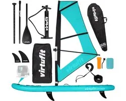 VirtuFit Surfer Opblaasbaar SUP Board 305 cm - Met Windsurf Zeil, Accessoires & Draagtas - Inclusief Mast, Vin en Reparatieset - Stand Up Paddle Board - Turquoise