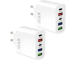 USB-C-oplader, 65 W, 2 stuks, multi-oplader, 5 poorten (2 USB-C pd 20 W/15 w + 3 USB qc 3.0), snel opladen geschikt voor iPhone 16 15 14 13 12 pro Max voor Xiaomi Huawei iPad, compacte USB-stekker
