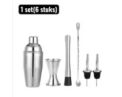1 set（6stuks）- Cocktailsets - Professionele Cocktail Shaker Set - Complete 6-delige Thuisbar Kit voor Beginners en Experts - Zilver