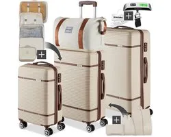 tectake® Luggage Set - Set de voyage 13 pièces - Valises - Ensemble de valises - Ensemble de bagages avec valise à main, valise à bagages en soute grande, sac de voyage, trousse de toilette, sac d’accessoires - Chariot avec serrure TSA - Crème