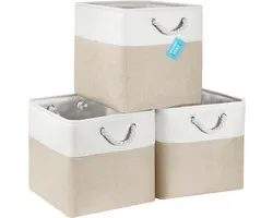 Set de Paniers de rangement 33x33 - Set de 3 paniers cubes pour organisateur Kallax - Cubes de rangement en Tissus pliables - Poignées en corde - Décoration de chambre d'enfant Beige/ Wit