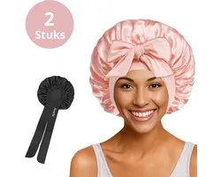 Averla Blush & Noir - Luxe Silk Bonnet - Met Strik - Set Van 2 - Ademend - Anti-Pluis & Klit - Satijnen Slaapmuts - Roze & Zwart