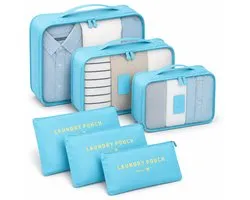QY Packing Cubes Koffer Organizer Set – Kleding Organizer met 3 Packing Cubes & 3 Laundry Pouches – Lichtblauw