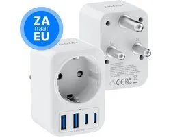 Prise de voyage Voomy Afrique du Sud - 2x USB-C et 2x USB-A - Prise universelle type M - Convient pour l' Afrique du Sud, l'Inde, le Népal, la Malaisie, la Namibie, le Sri Lanka et Singapour - Wit