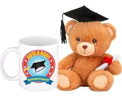 Geslaagd gefeliciteerd kado koffie mok / beker - met afstudeer cadeau knuffel - graduation beertje
