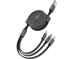 Câble de recharge rapide multifonctionnel Oneay 3A, câble de charge enroulable Met connecteurs Type-C/L/Micro USB, compatible avec divers appareils tels que les téléphones 16/15/14 pouces, les téléphones Galaxy, les iPads et les tablettes.