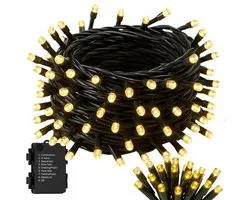 Cheqo® Kerstverlichting Op Batterij - Warm Wit LED Lampjes - Geschikt Voor Binnen En Buiten - 96 LED Lampjes - 7 Meter Lichtsnoer - Met Timer - 8-Functies - IP44 Waterdicht - Zwarte Kabel - 3x AA Batterijen - Kerstlampjes - Kerstboomverlichting