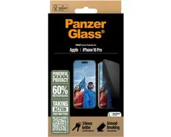 PanzerGlass Ultra-Wide Screen Protector Geschikt voor Apple iPhone 16 Pro - Case Friendly Tempered Glass - Antibacterieel Privacy Glass - met EasyAligner Installatieframe