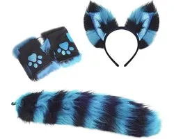 FakeFace Halloween Cosplay Costume Cat Ears Gloves and Tail Set, Artificial Fur Animal Cat Fox Long Tail Ears Kit Halloween Animal Theme Party Costume Cute Hair Clips Party Props (Blue)