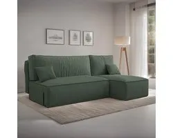Canapé d'angle avec rangement Jelle - Vert - Velours côtelé - Canapé - Canapé convertible - Universel - Gauche ou Droite - Canapé d'angle - Méridienne - Canapé avec couchage - 3 places