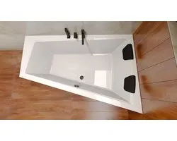 Baignoire d'angle Badland INTIMA 170 x 125 cm droite blanche avec tablier en acrylique avec appui-tête avec tablette de bain en bambou