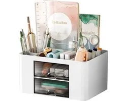 Bureau-organizer - Cosmetica-organizer - Opbergdoos - Multifunctionele pennenhouder - Bureau-organizer met 5 vakken, 2 lades, gemaakt van kunststof - Geschikt voor kantoren - thuis en scholen