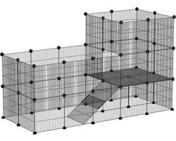 PawHut Kleintiergehege Kleintierkäfig mit 39 Platten Freigehege mit Rampe DIY Gittergehege Metall Kleintiere öffenbar Schwarz 140 x 70 x 105 cm
