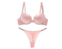 Beha set 20013 - Push up - Effen glanzend met steentjes - 90C roze
